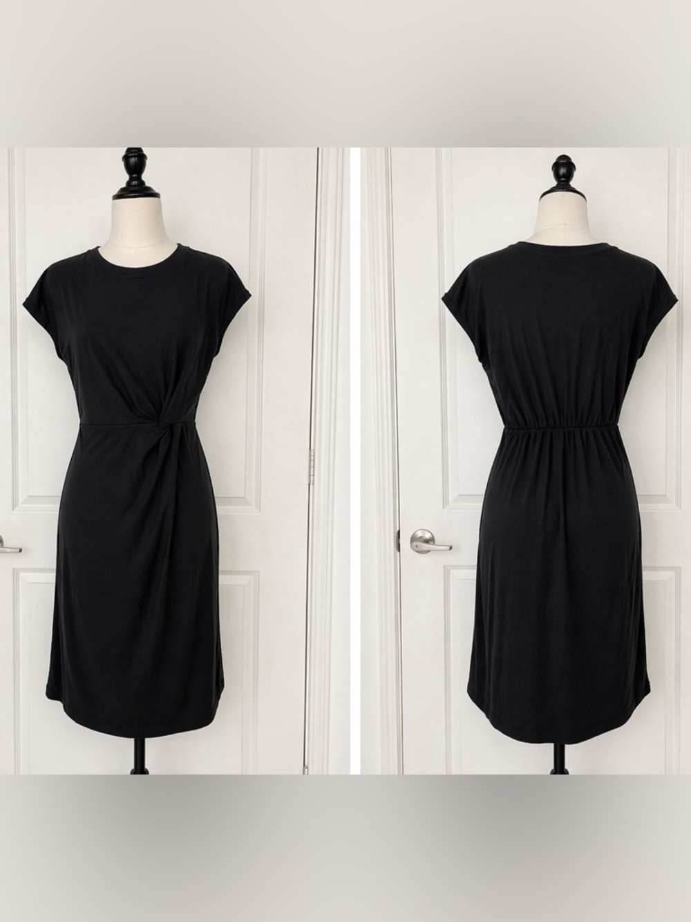Adibosy Black Midi Dress Cinched Waist Draped Bodycon Work to Date Night Size M